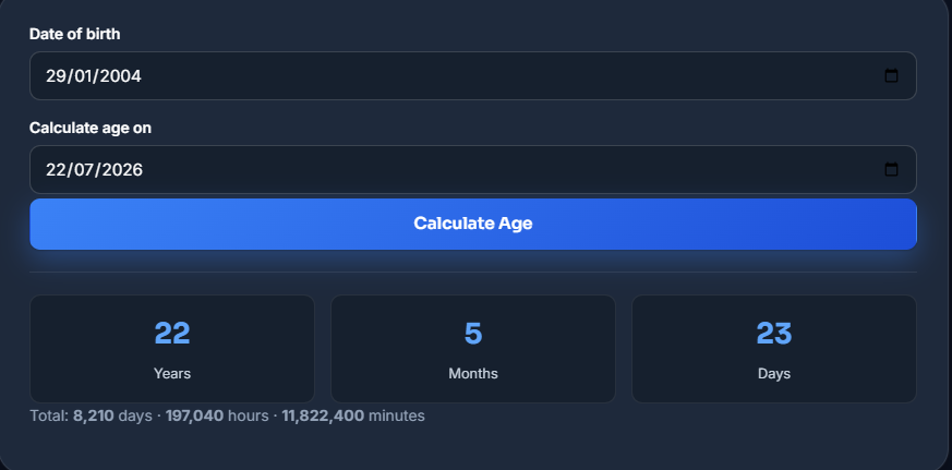 Age Calculator tool showing calculated age result in years months and days