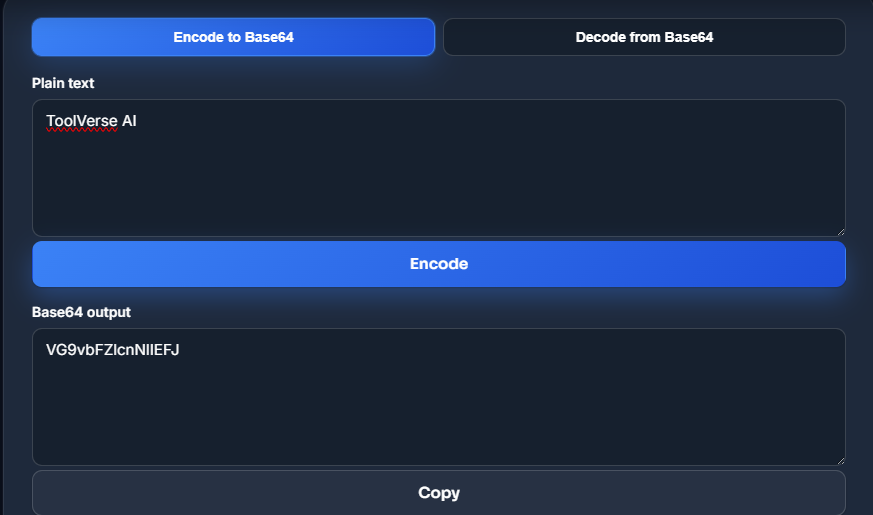 Base64 Encoder Tool real testing example showing plain text encoded to Base64 output