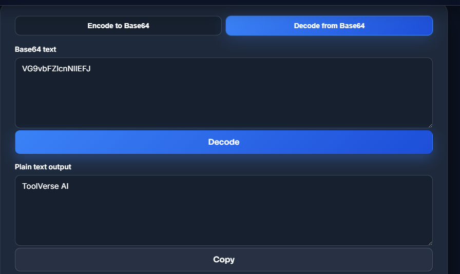 Base64 Decoder Tool real testing example showing Base64 output decoded back to original plain text