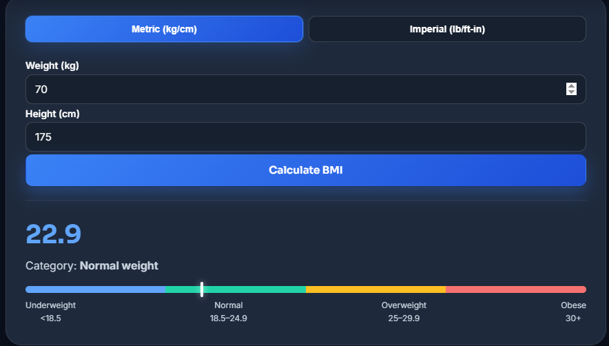 BMI Calculator showing height weight input and BMI result