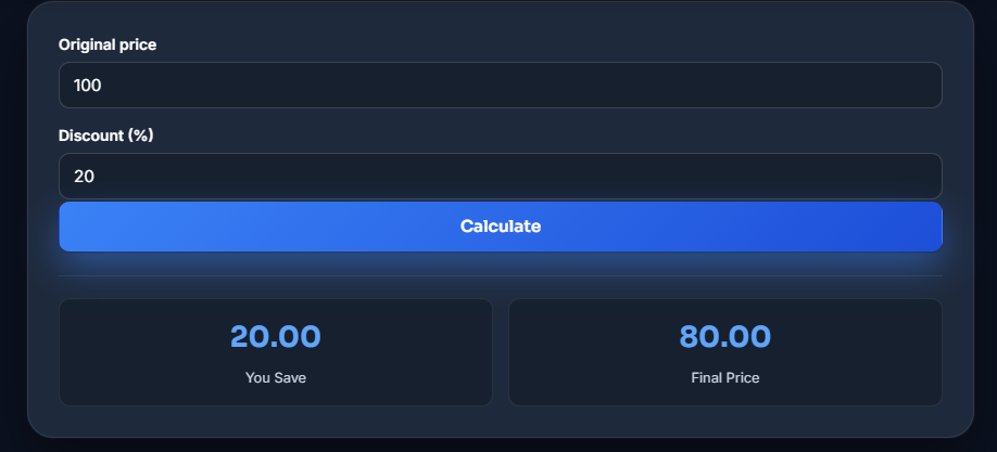 Discount Calculator showing discount amount and final price