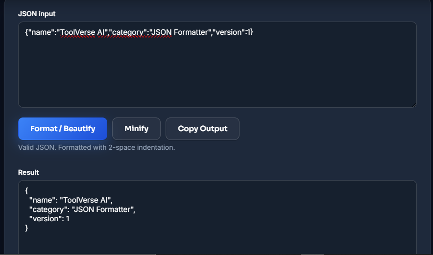 JSON Formatter Tool real testing example showing minified JSON formatted into readable structure