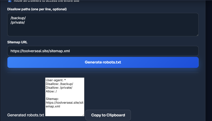 Robots.txt Generator Tool real testing example showing generated output with disallowed paths and sitemap URL