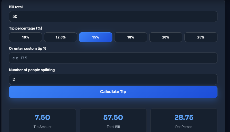Tip Calculator showing bill amount tip percentage and per person cost