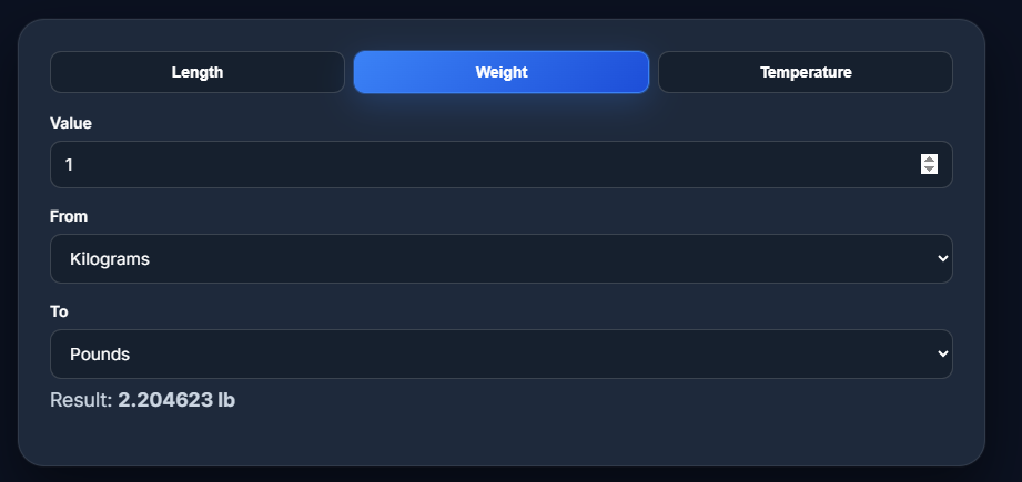 Unit Converter showing kilograms to pounds conversion result